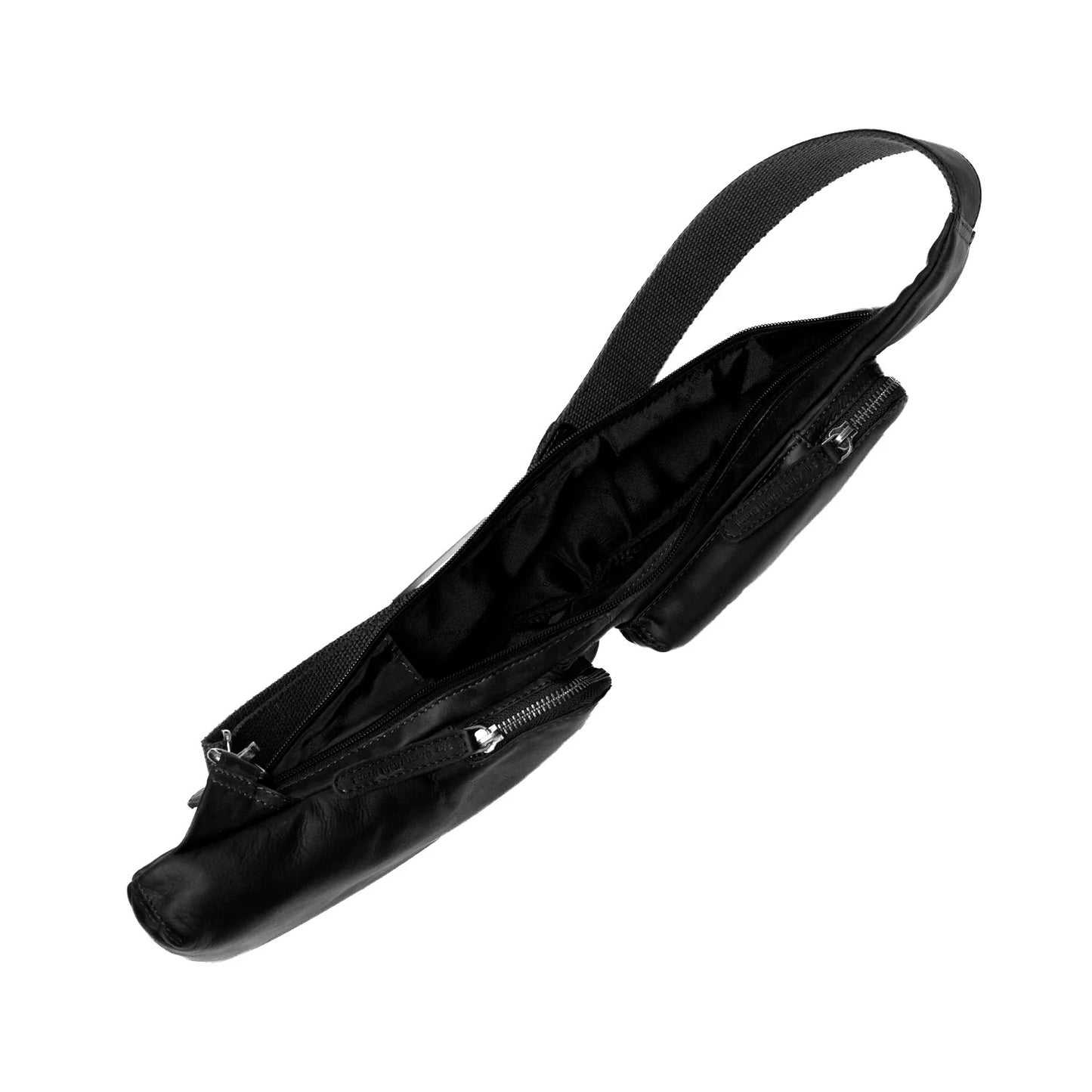 Leder Crossbody Logan Schwarz – Innenansicht Hauptfach mit 3 Fächern geöffnet