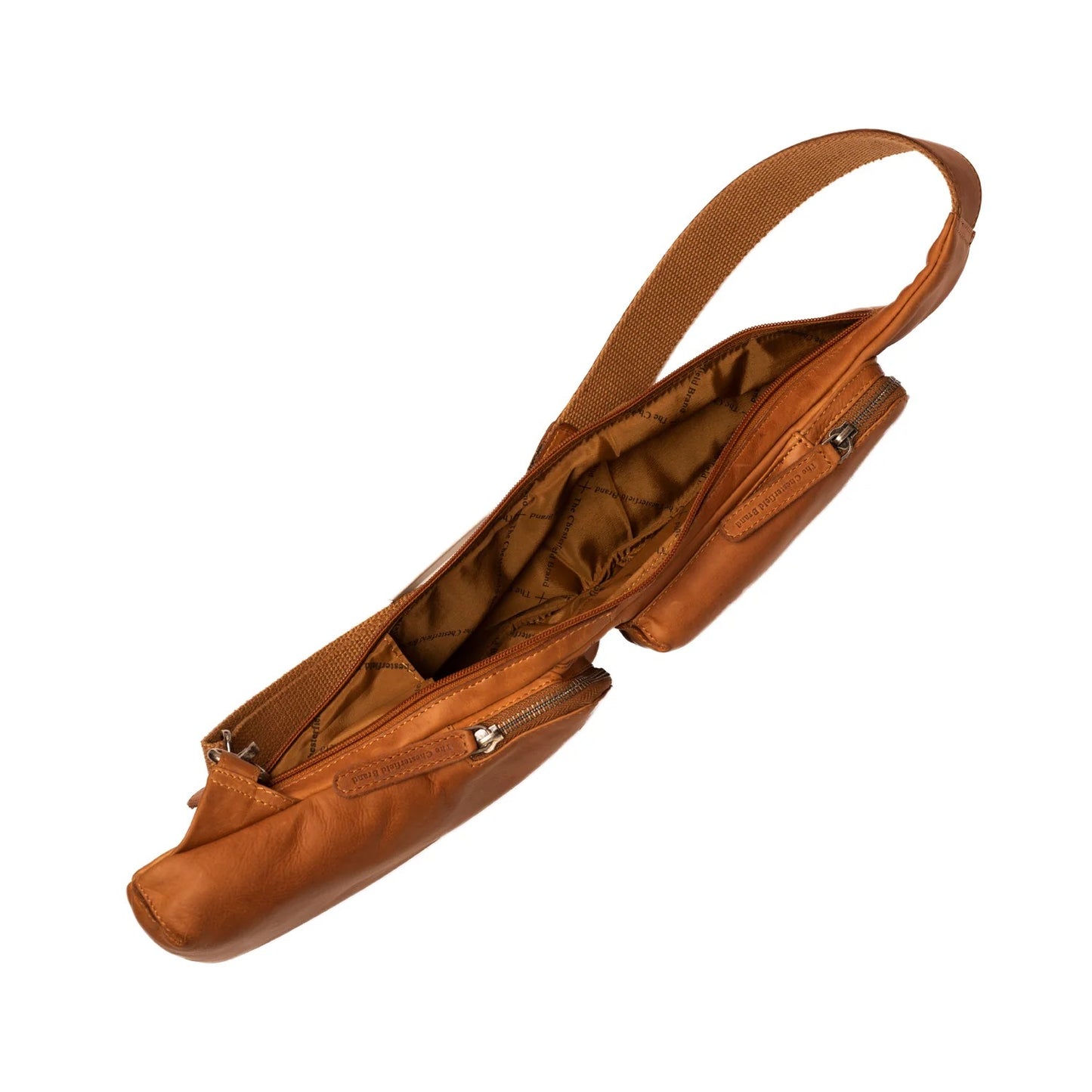 Leder Crossbody Logan Cognac – Innenansicht mit Fächern & Organizer geöffnet