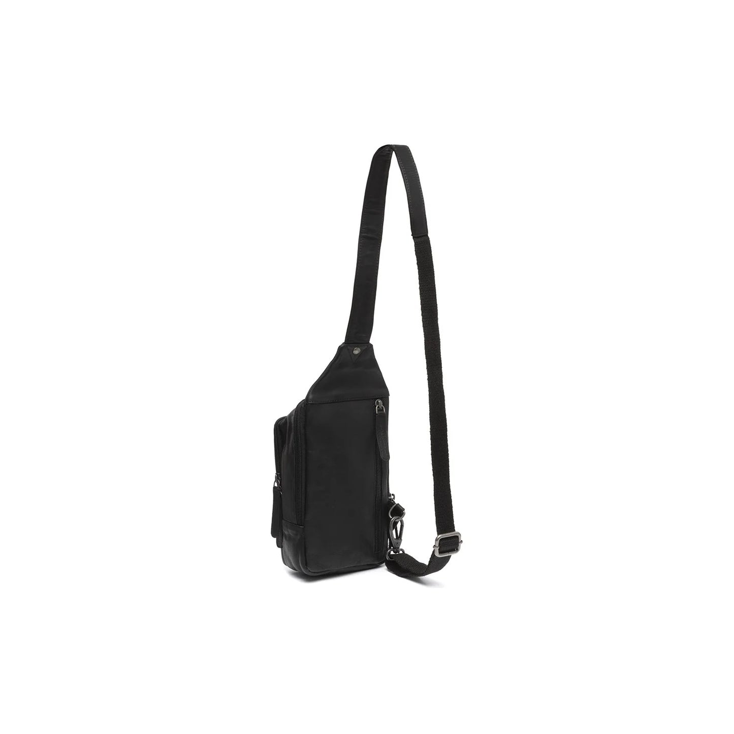 Leder Crossbody Riga Schwarz – Seitenansicht mit abnehmbarem Schultergurt & Karabiner