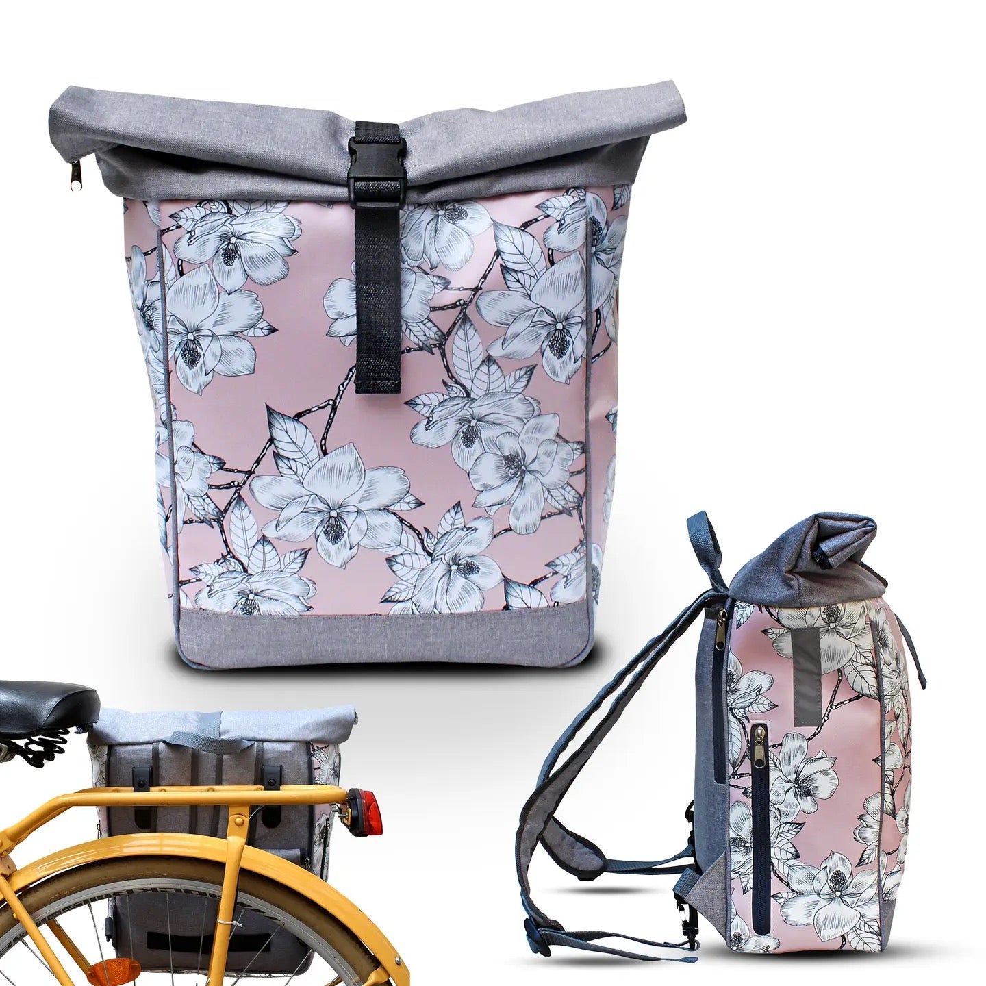 wachstuch fahrradtasche KOMBI Fahrradtasche Rucksack Magnolia – wasserabweisend & handgefertigt