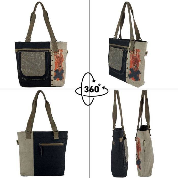 Sunsa Damen Handtasche. Schultertasche aus Canvas ( Segeltuch) & Leder. Tasche in Vintage Retro Stil. Große Shopper Damentasche als Weekender Bag. - HOLE-X-WORLD