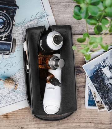 Kulturtasche Leder ATLAS Midnight Black Kulturbeutel der Extraklasse aus Leder von PURE Leder-Studio München - HOLE-X