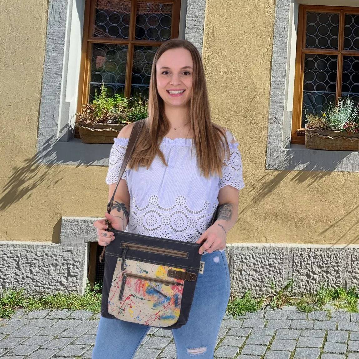 Sunsa Damen Umhängetasche. Canvas Crossbody Tasche. Crossover Bag mit Abstrakt Design. - HOLE-X-WORLD