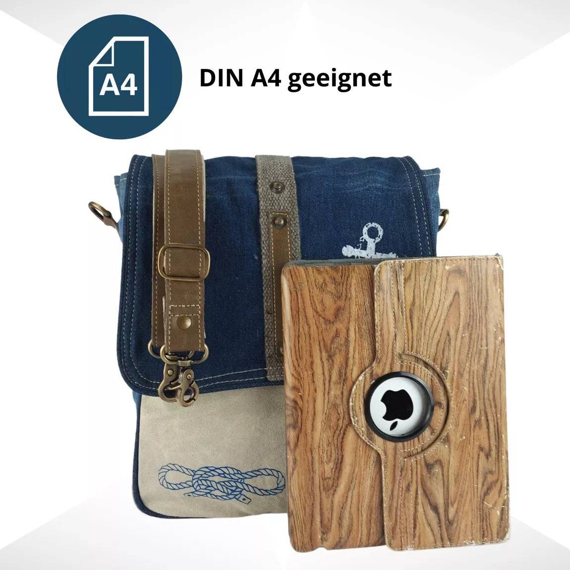 Sunsa Messenger Tasche aus recycelter Jeans & Canvas. Nachhaltige Umhängetasche mit Maritim Motiv - HOLE-X-WORLD