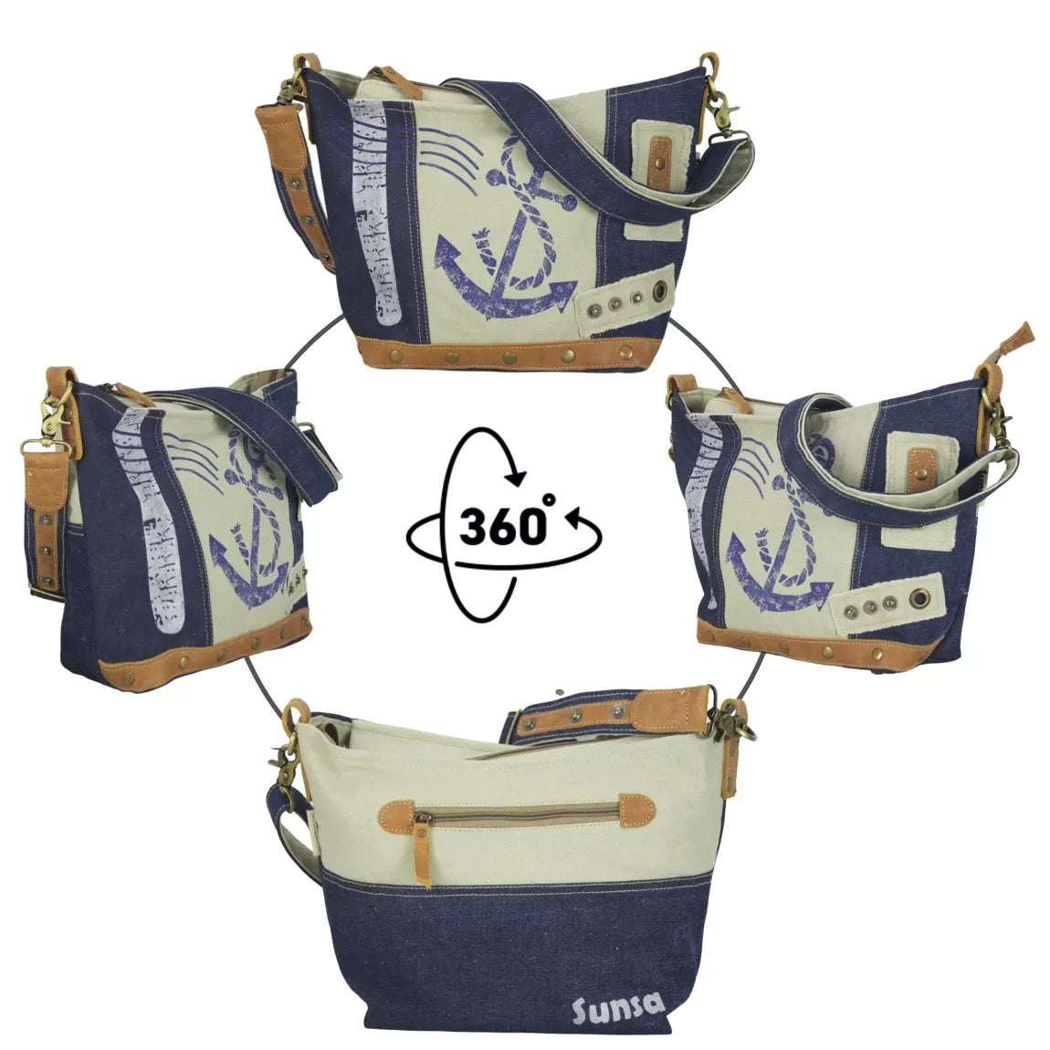 Sunsa kleine Damen Canvas Tasche. Umhängetasche aus recycelte jeans & Canvas. Schultertasche mit Maritim Motiv, Anker - HOLE-X