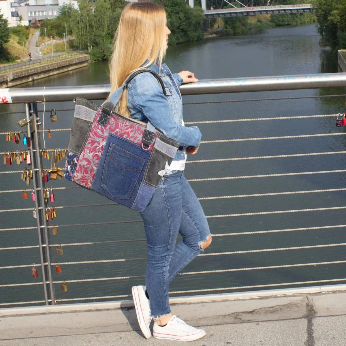 Sunsa Damen Handtasche Badetasche Schultertasche aus Canvas Jeans Shopper - HOLE-X