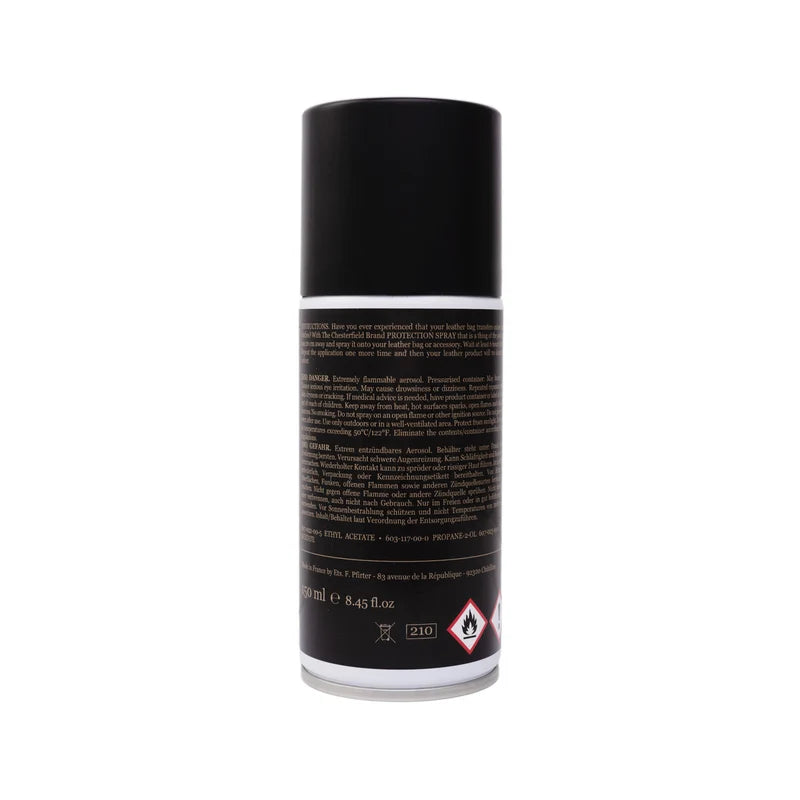 The Chesterfield Brand Protection Spray 150 ml – Rückseite mit Sicherheitshinweisen und Inhaltsstoffen