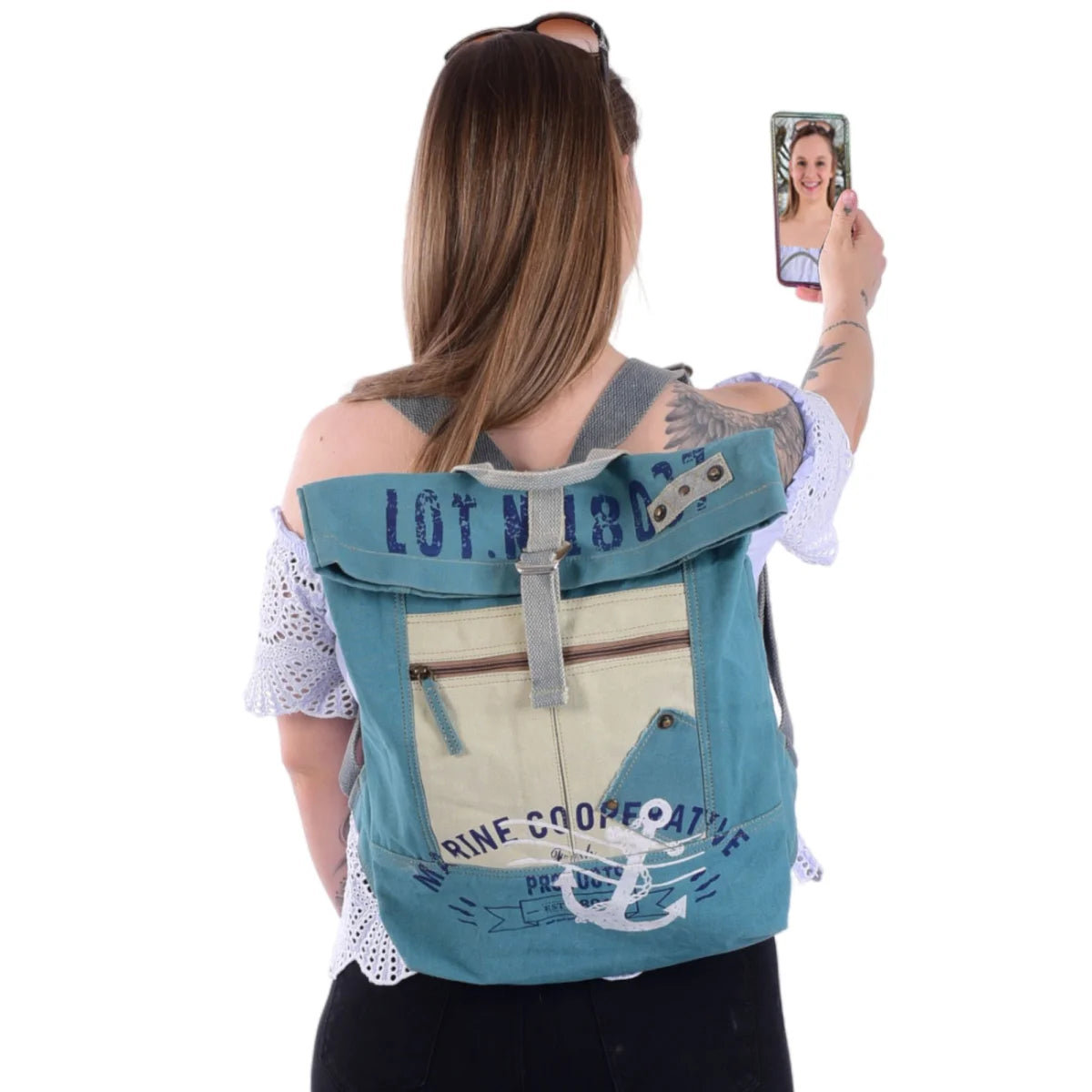 Sunsa Rucksack Canvas Backpack. Veganer Cityrucksack mit Maritim- Motiv - HOLE-X-WORLD