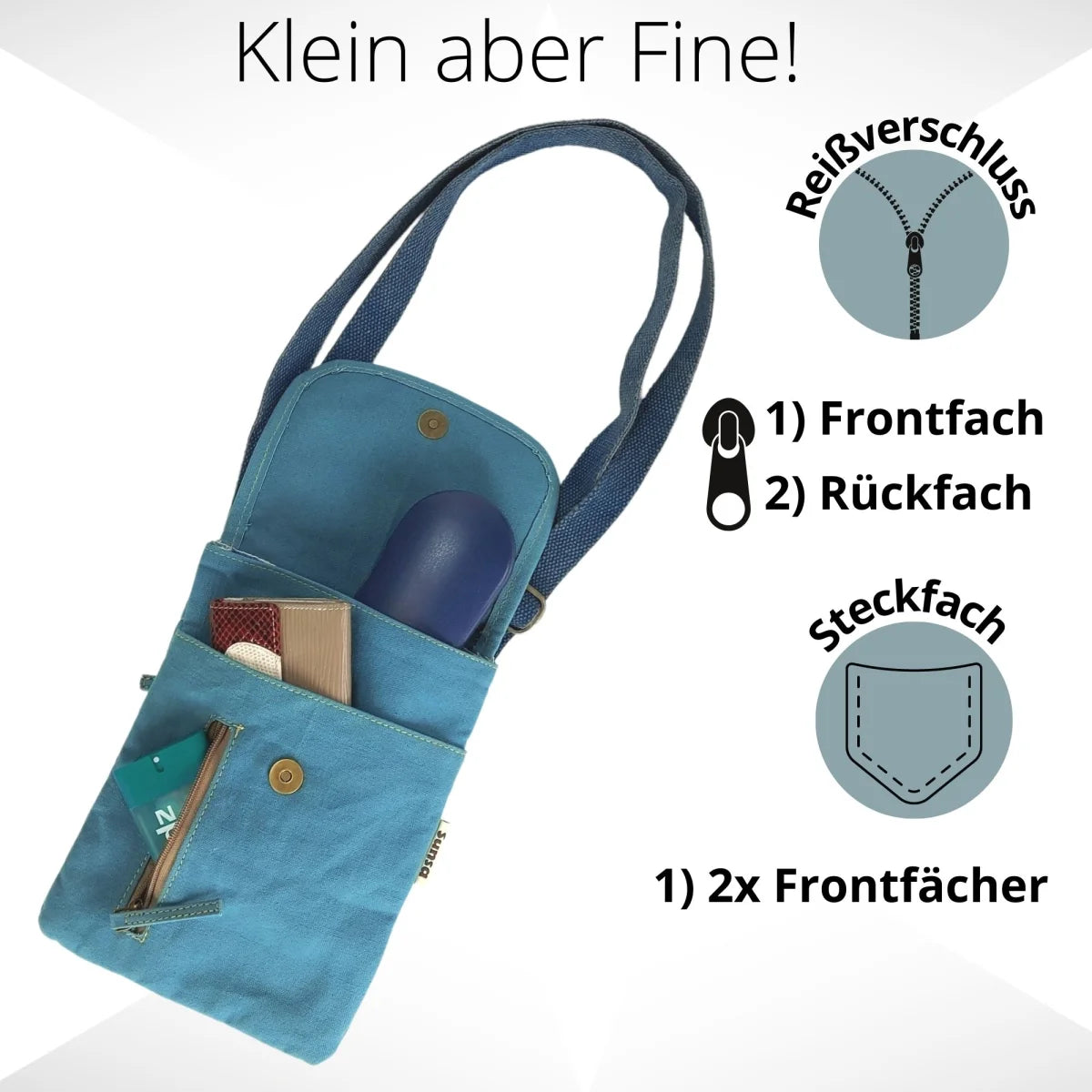 Sunsa Damen Handy Tasche, kleine Umhängetasche aus Canvas & gewebte Baumwolle. Vegane Crossover bag mit Streifen türkis - HOLE-X-WORLD