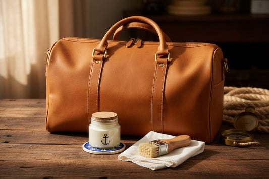 „HochwertigeLedertasche mit Pflegeprodukten – Lederreiniger, Tuch und Bürste auf Holzoberfläche