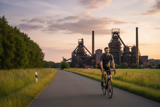 Radfahrer mit stylischer Tasche auf einer malerischen Strecke im Ruhrgebiet, mit Industriekultur im Hintergrund im goldenen Abendlicht. 