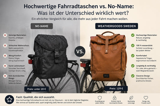 Hochwertige Fahrradtaschen vs. No-Name: Vergleich Weathergoods Sweden CITY BIKEPACK gegen günstige No-Name Fahrradtasche