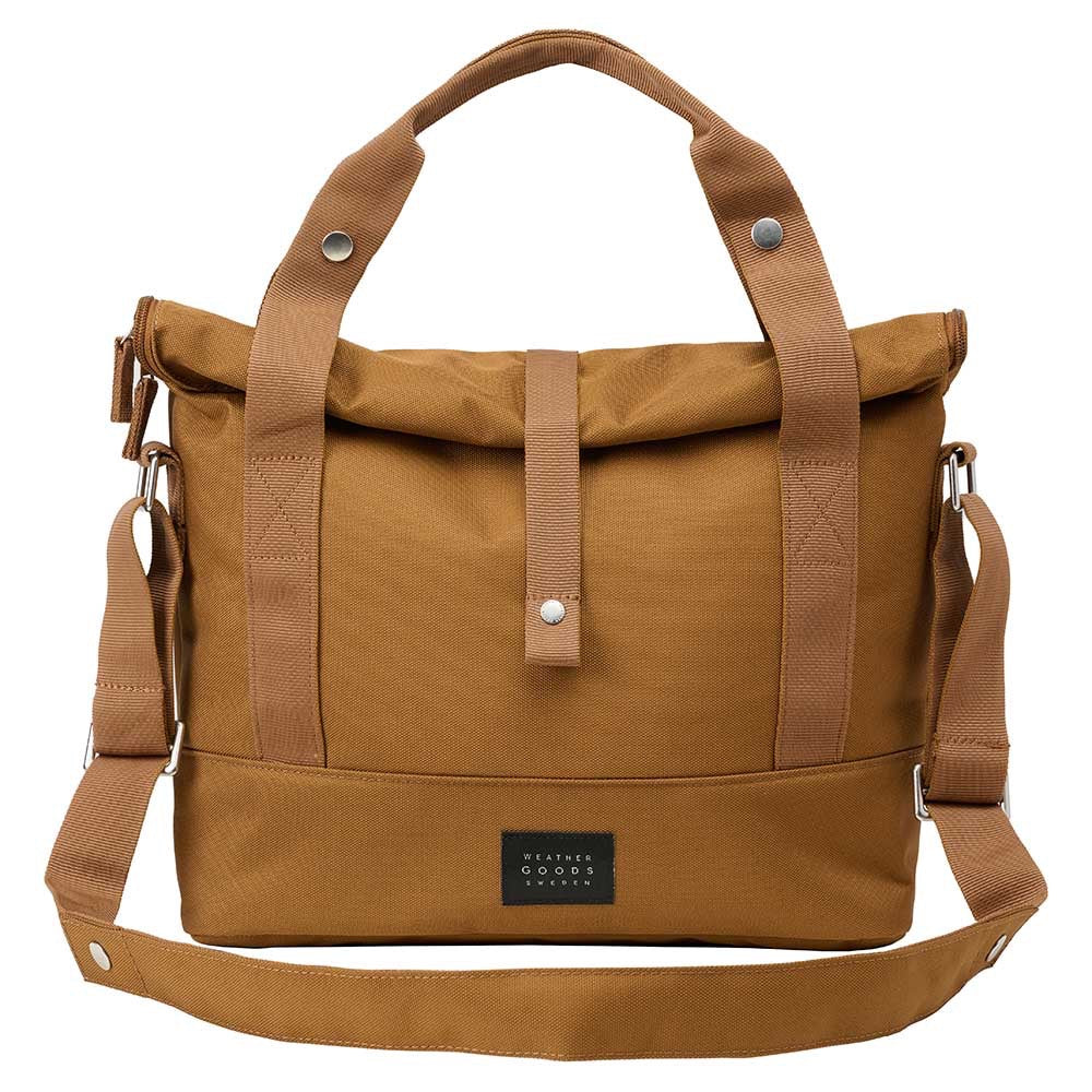 Weathergoods Sweden City Bike Satchel braun – Frontansicht mit Rolltop-Verschluss und Schultergurt