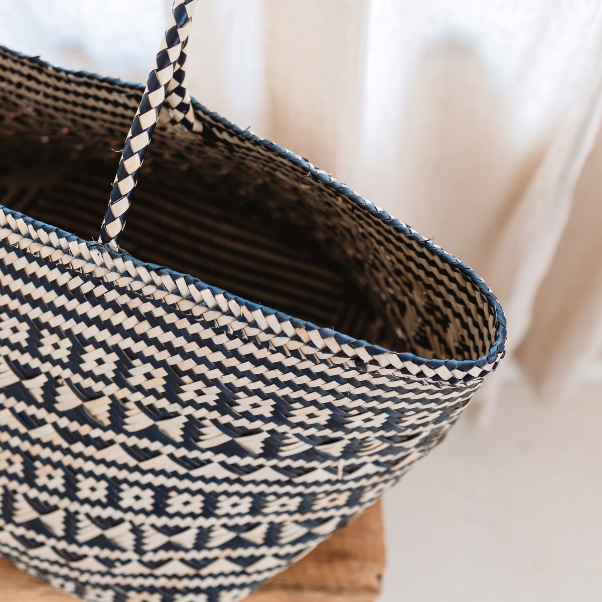 Boho-Einkaufstasche – Seegras-Sommertasche – Schulter-Strandtasche – gewebte Naturtasche – große Boho-Einkaufstasche KIDUL (schwarz)