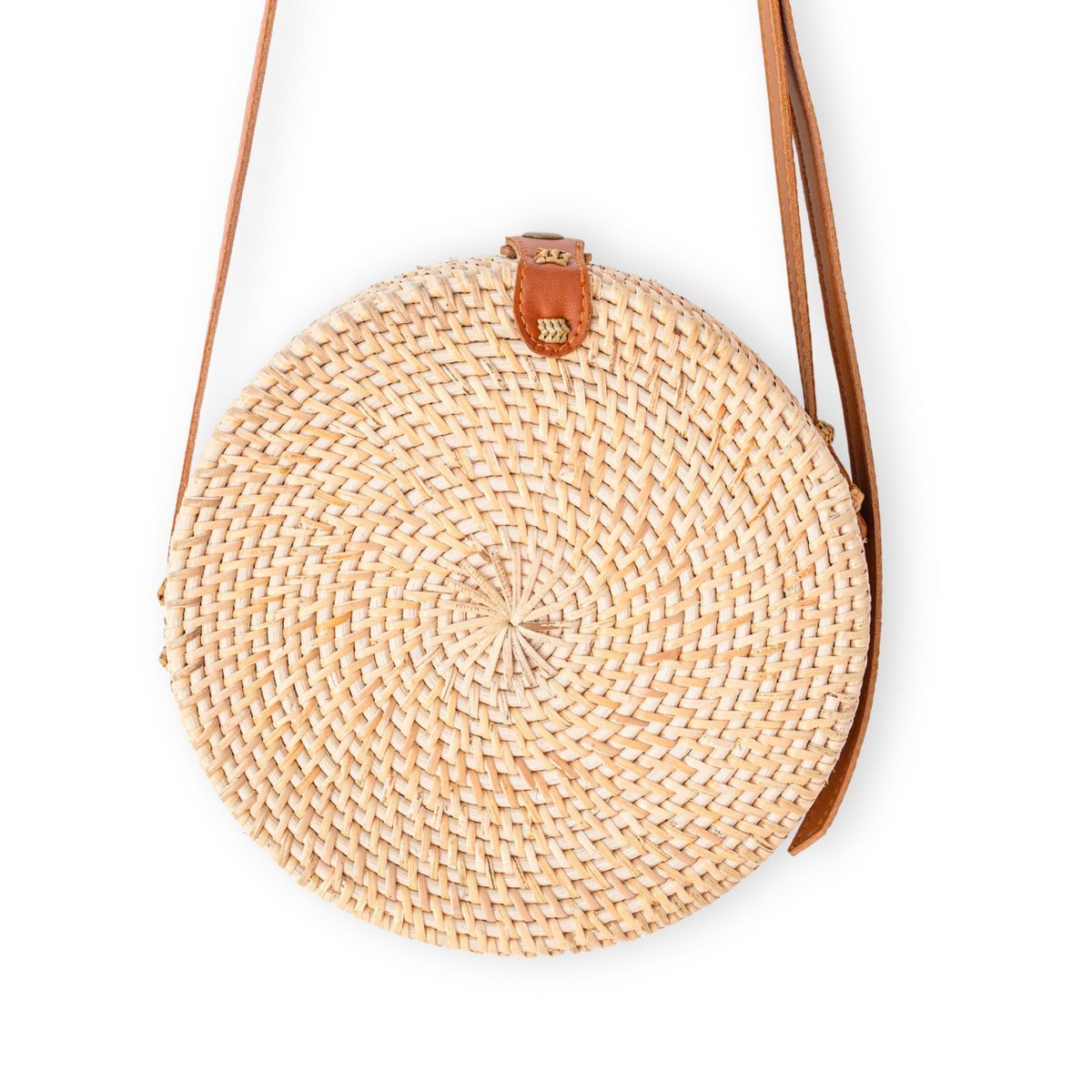 Runde Rattantasche Beige handgemachte Umhängetasche mit Kunstlederriemen Umhängetasche Boho Bali Tasche SENJA (natur)