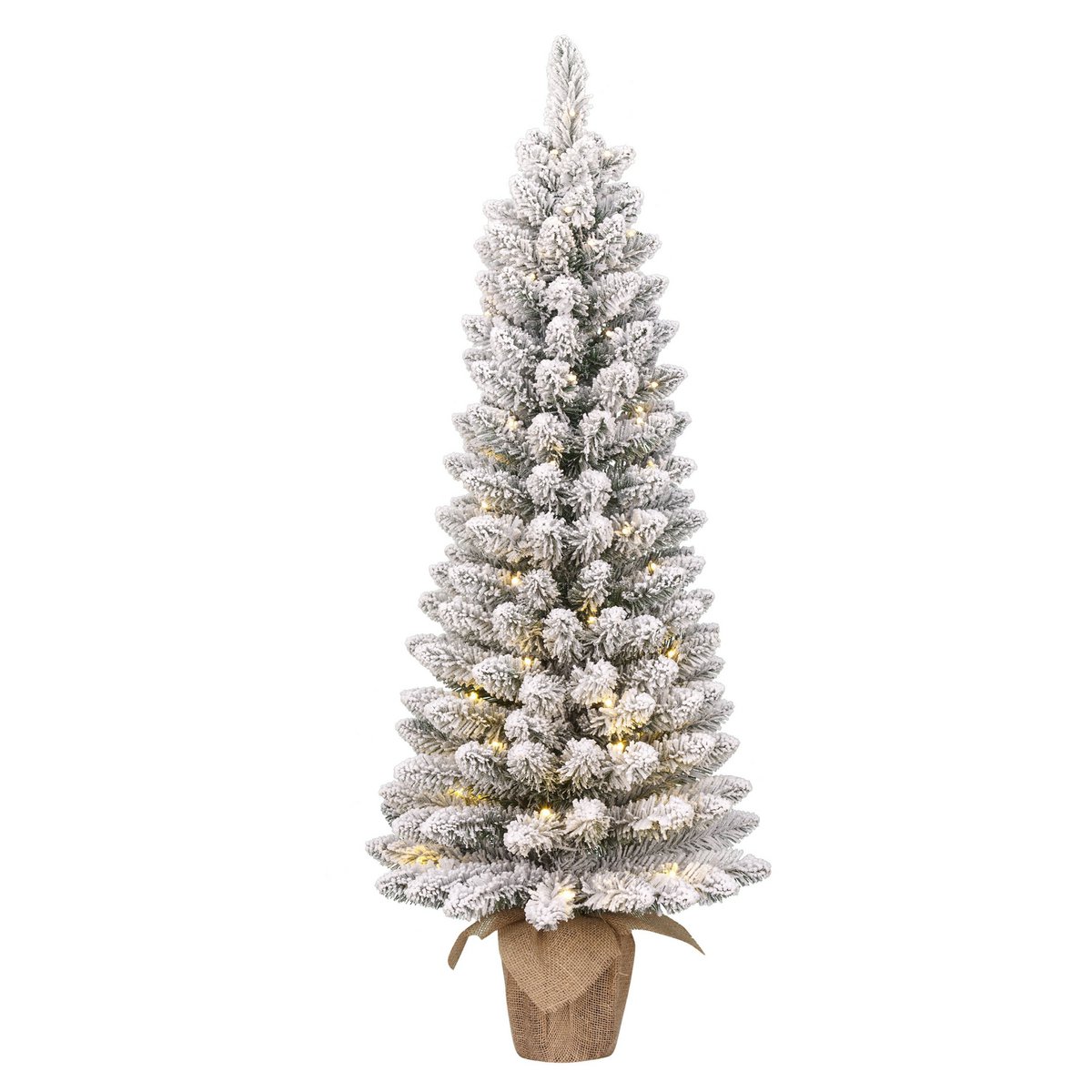 Gerlos Schmaler künstlicher Weihnachtsbaum aus Jute mit warmweißer LED-Beleuchtung – H75 x Ø36 cm – Grün gefrostet - HOLE-X-WORLD