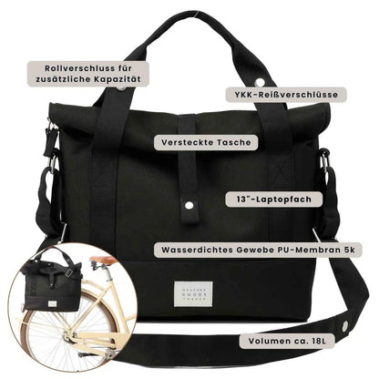 Weathergoods Sweden City Bike Satchel schwarz – Frontansicht mit Rolltop-Verschluss und Schultergurt und detaillierter Beschreibung - HOLE-X