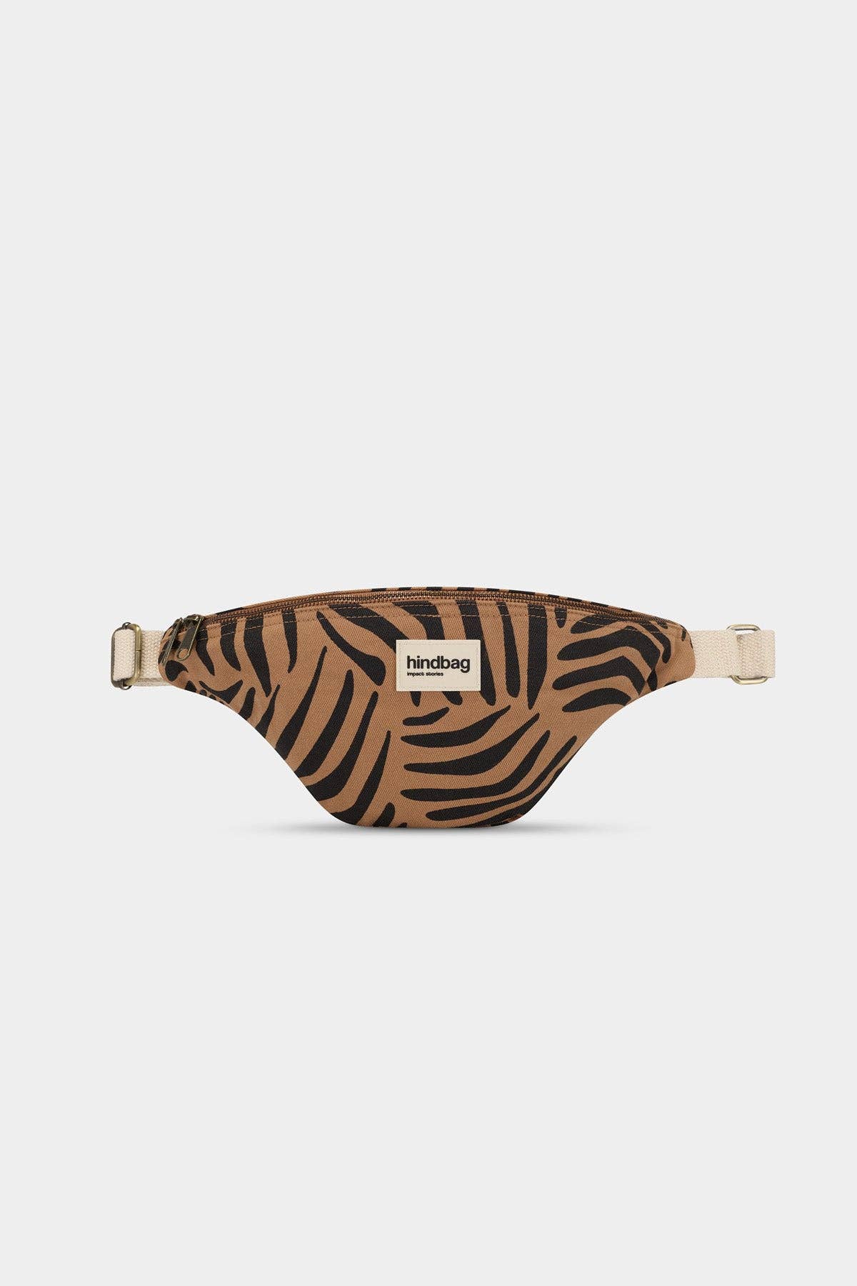 Bauchtasche Olivia von Hindbag im Zimt-Zebra-Print – GOTS Bio-Baumwolle, Doppelreißverschluss, verstellbarer Gurt 56–105 cm