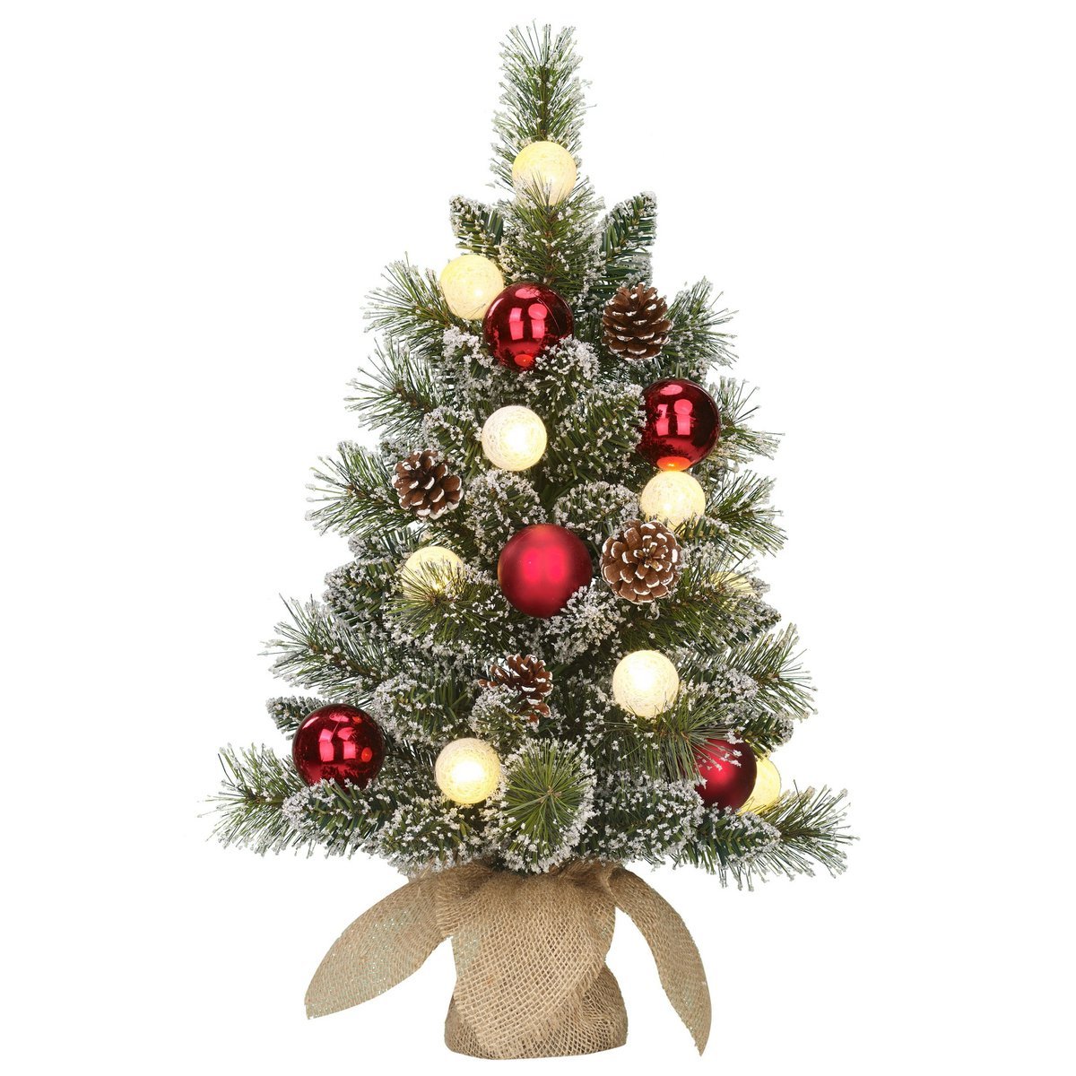 Kaprun Künstlicher Weihnachtsbaum aus Jute mit LED-Beleuchtung – H60 x Ø39 cm – Grün gefrostet, Rot - HOLE-X-WORLD