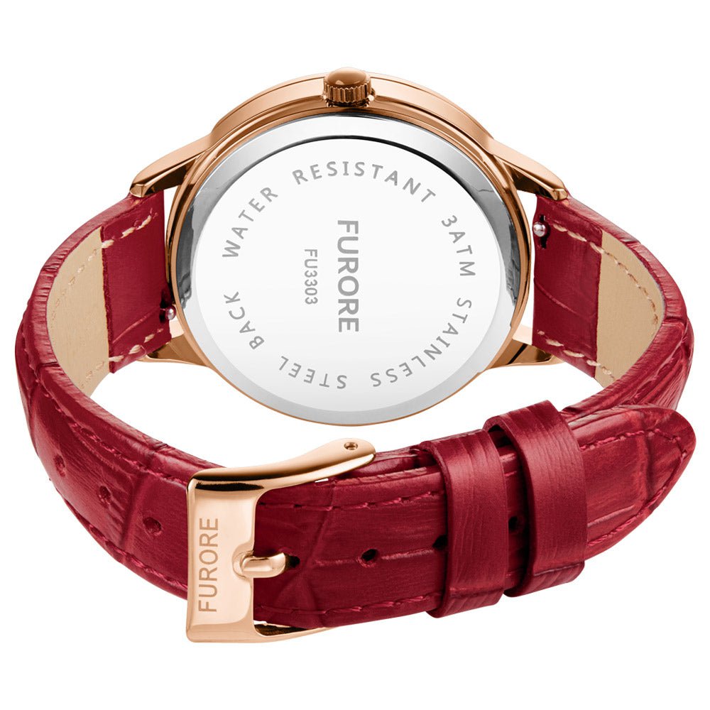 Licia - Roségoldene Damenuhr mit Rotem Krokolederarmband