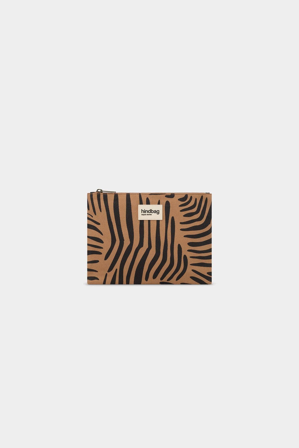 Ema Beutel von Hindbag im Zimt-Zebra-Print – Reißverschlusstäschchen aus GOTS Bio-Baumwolle, handgefertigtes Innenfutter