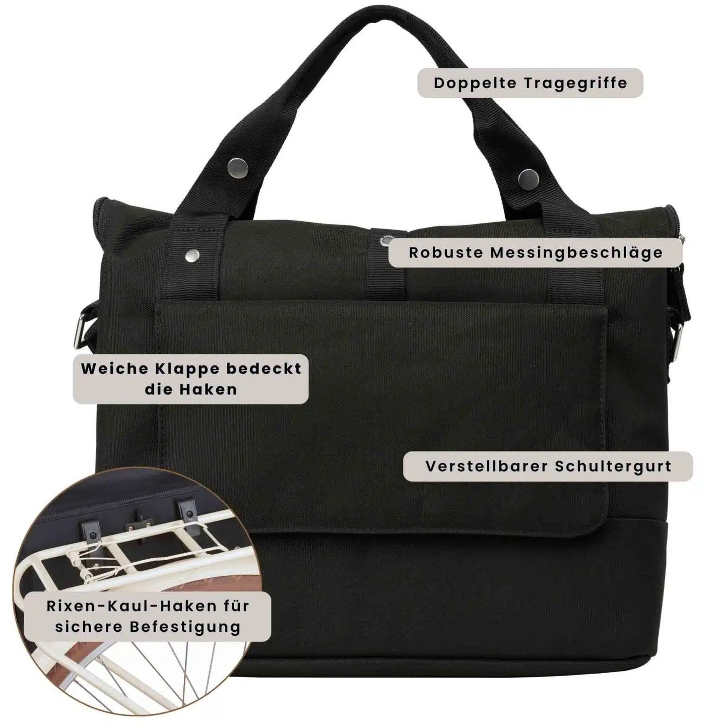 Weathergoods Sweden City Bike Satchel schwarz – Rückansicht mit Rolltop-Verschluss und Schultergurt detaillierte Beschreibung - HOLE-X