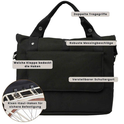 Weathergoods Sweden City Bike Satchel schwarz – Rückansicht mit Rolltop-Verschluss und Schultergurt detaillierte Beschreibung - HOLE-X