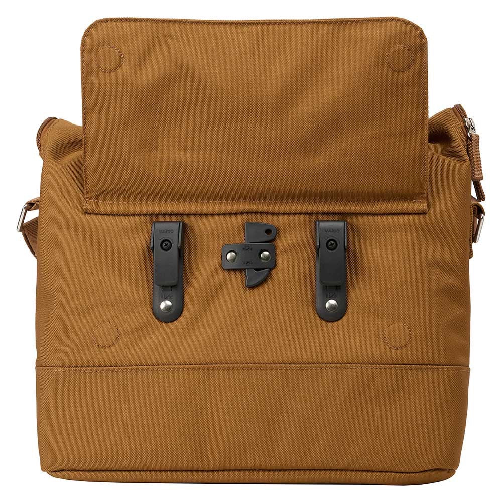 Weathergoods Sweden City Bike Satchel braun – Rückansicht mit Vorrichtung Rixxen Haken zur Befestigung am Gepäckträger - HOLE-X 