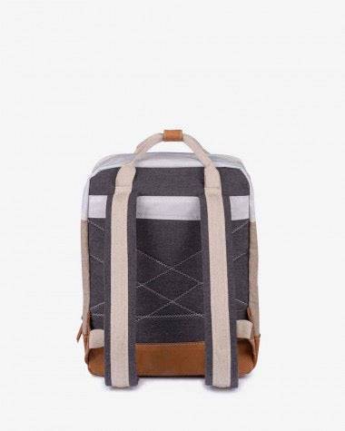 Rucksack Wally aus 100 % recyceltem Schiffssegel - Leinen und hellbraunem Leder - Futter aus recyceltem Spinnaker!