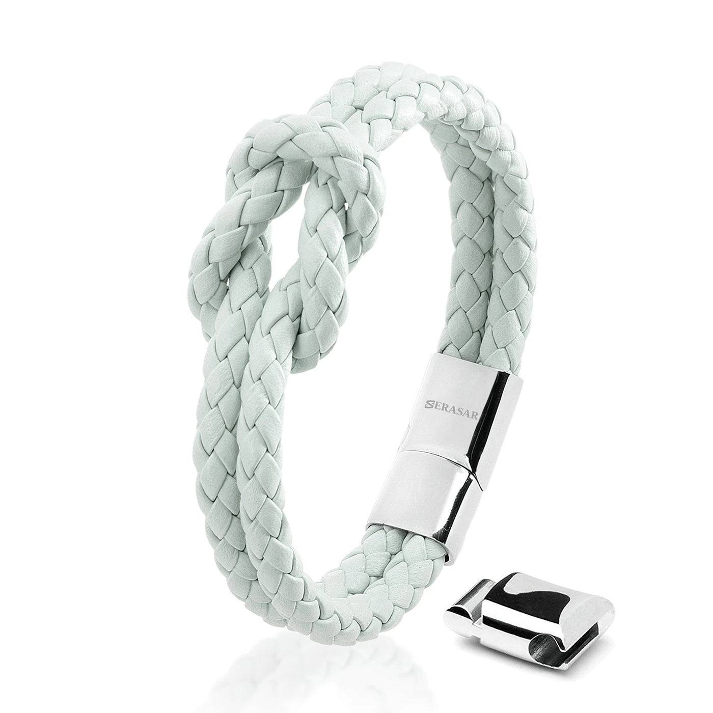 Armband "Knot" - Echtes Rindsleder, polierter Edelstahl (rostfrei) und ein starker Magnet-Verschluss - WEISS - HOLE-X-WORLD