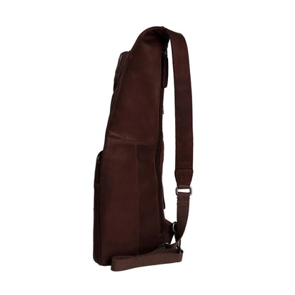 Leder Crossbody Logan Braun – Rückansicht mit abnehmbarem Schultergurt & Karabiner