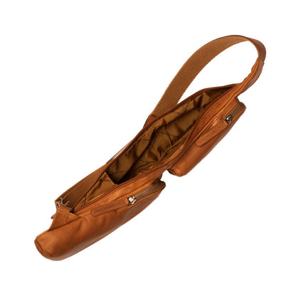 Leder Crossbody Logan Cognac – Innenansicht mit Fächern & Organizer geöffnet
