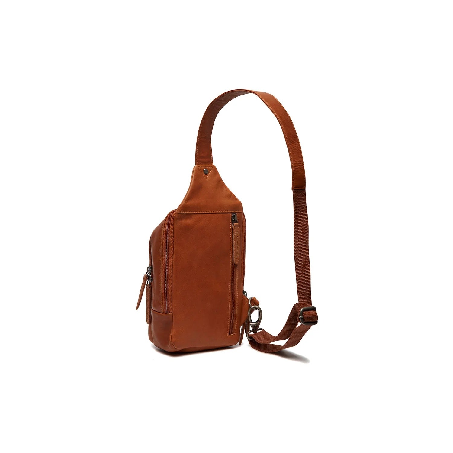 Leder Crossbody Riga Cognac – Seitenansicht mit abnehmbarem Schultergurt & Karabiner