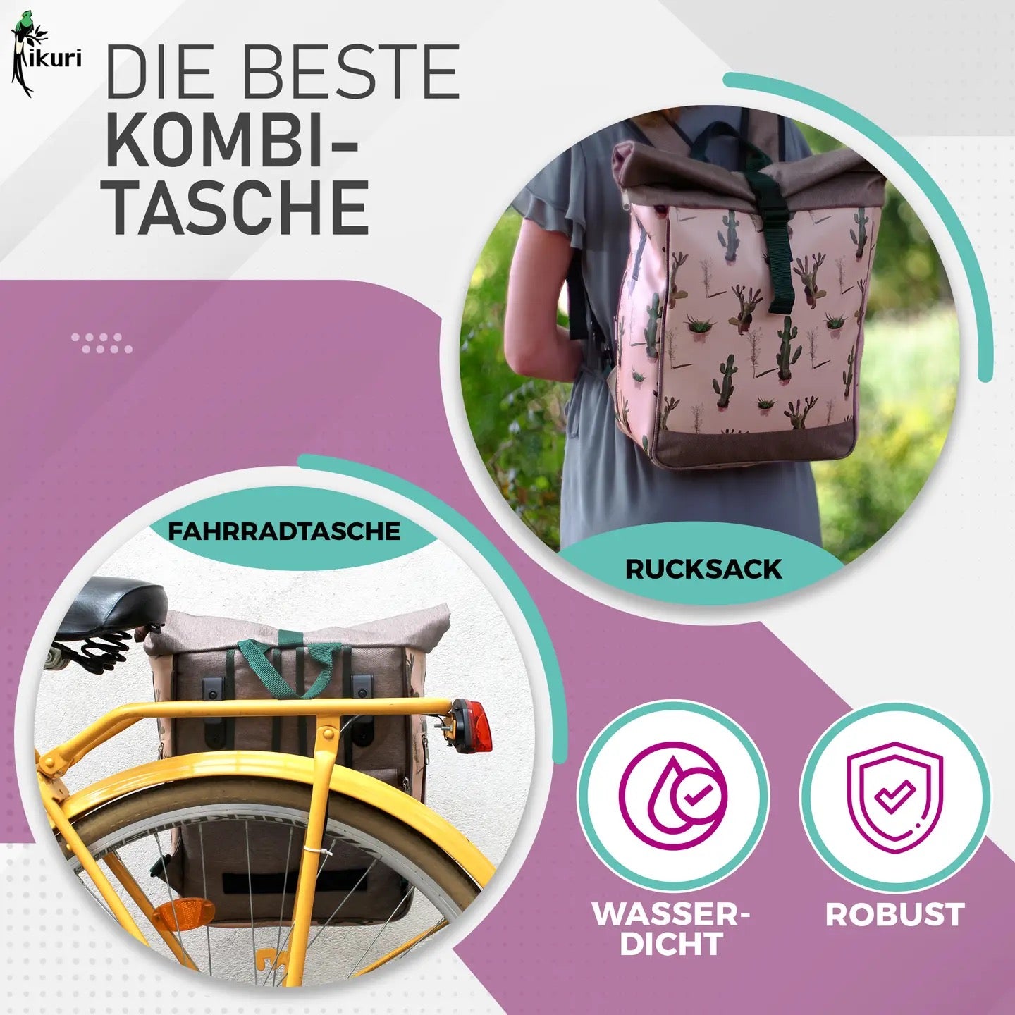 fahrradtaschen ikuri KOMBI Fahrradtasche Rucksack Cactus – wasserabweisend & handgefertigt
