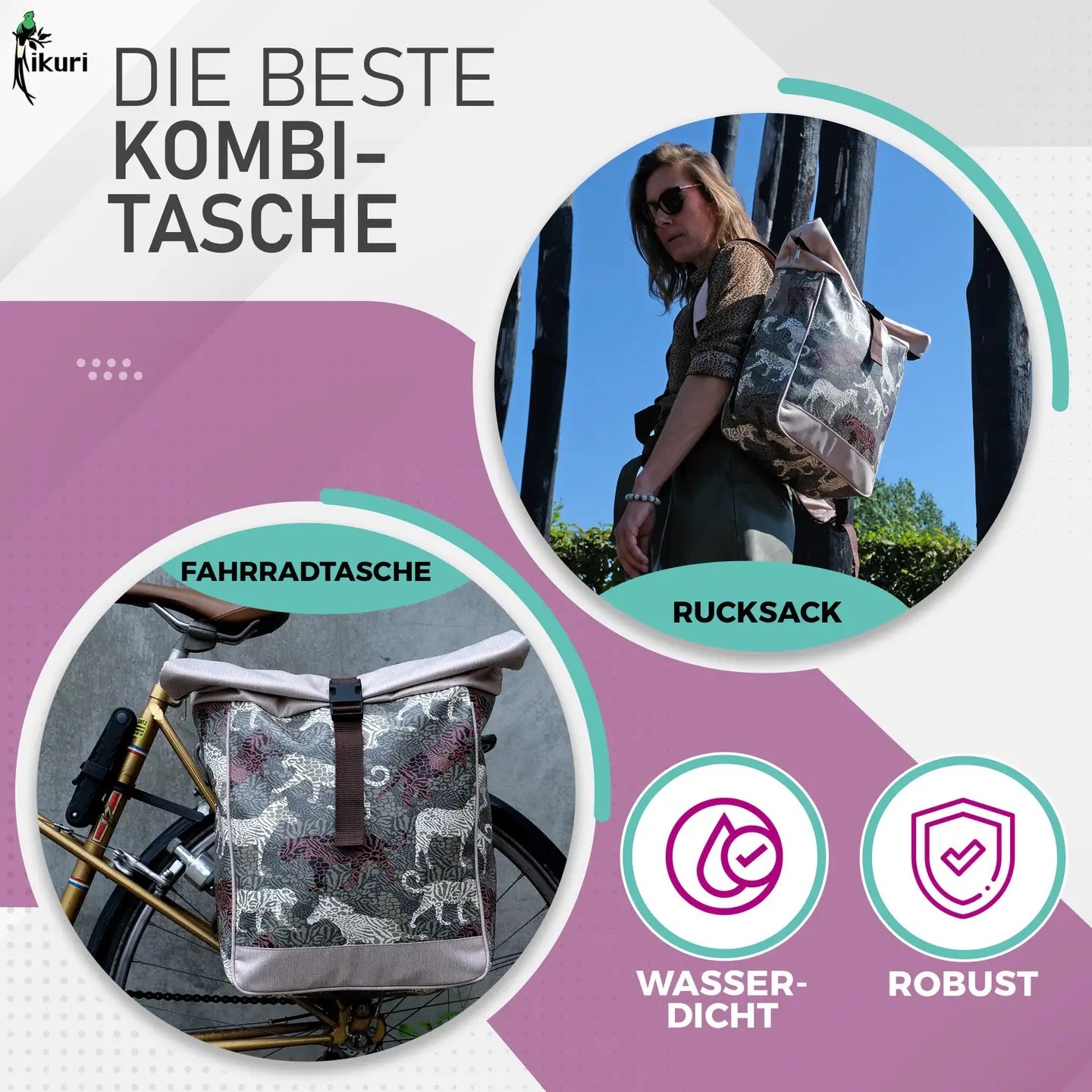 fahrradtasche auch als rucksack KOMBI Fahrradtasche Rucksack Animals – wasserabweisend & handgefertigt