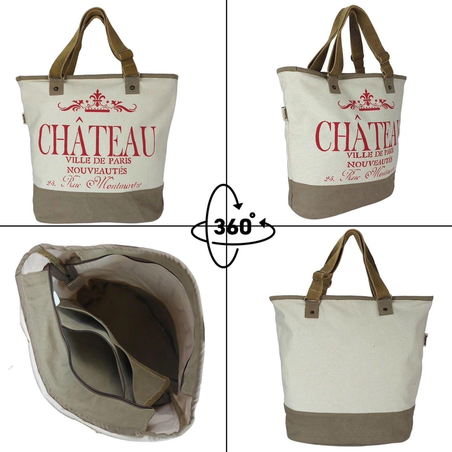 Sunsa XXL Vegane Tasche, Vintage Badetasche. Canvas Shopper beige, Chateau