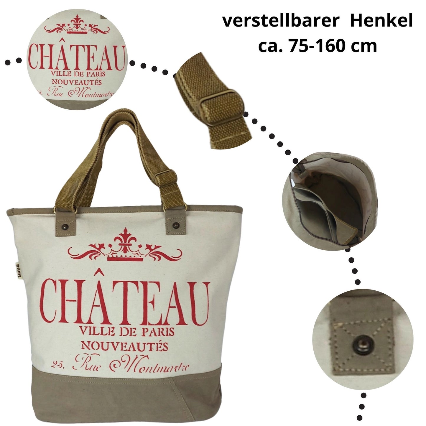 Sunsa XXL Vegane Tasche, Vintage Badetasche. Canvas Shopper beige, Chateau