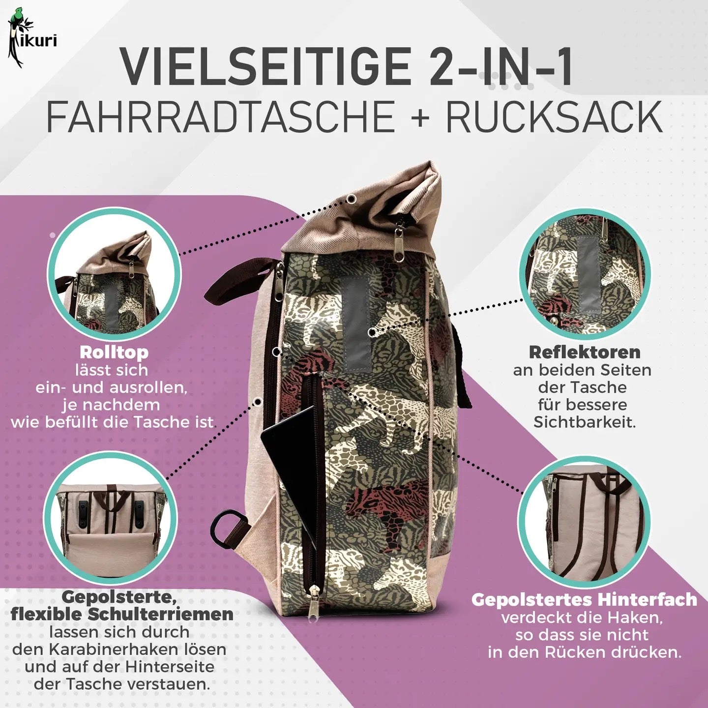 haken fahrradtasche KOMBI Fahrradtasche Rucksack Animals – wasserabweisend & handgefertigt