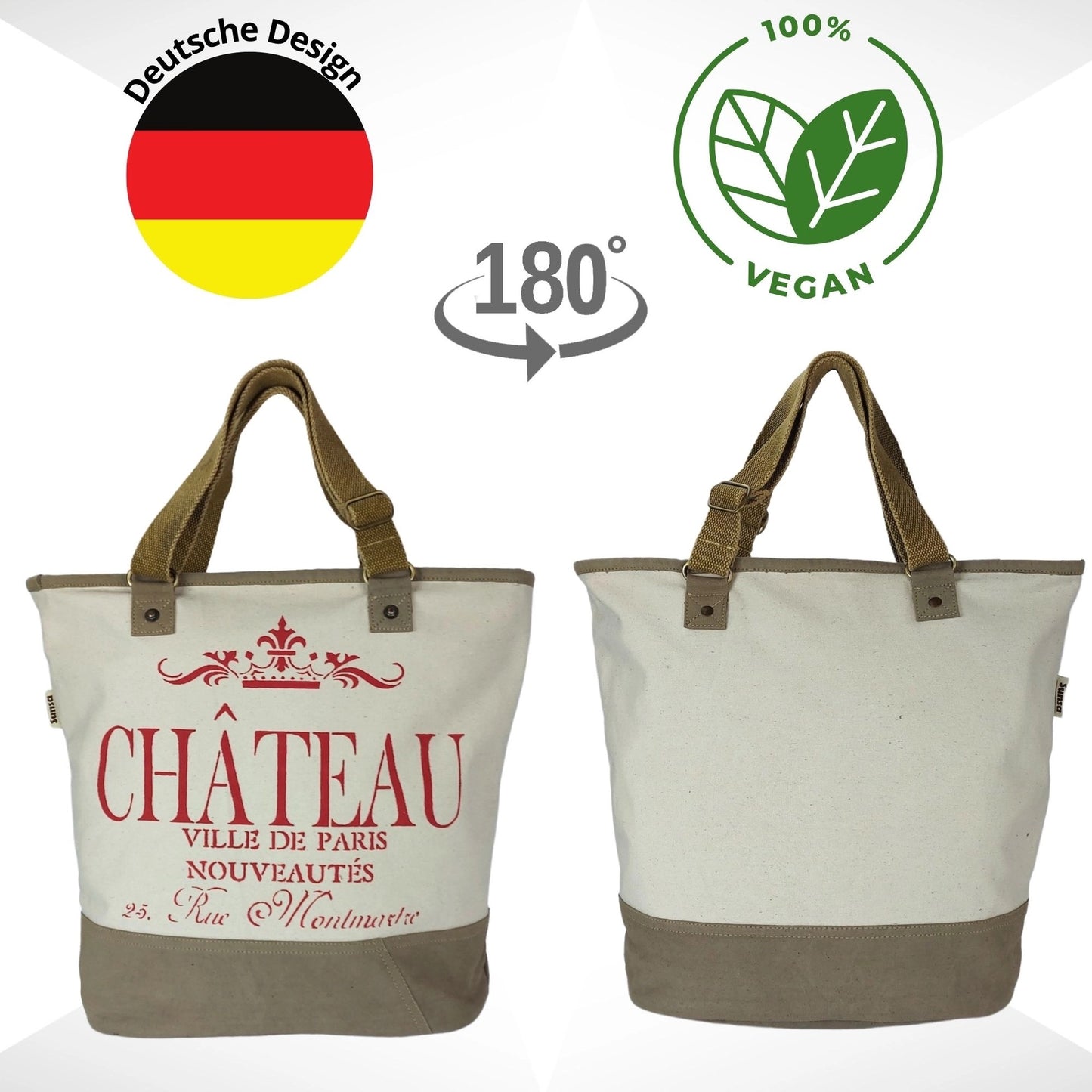 Sunsa XXL Vegane Tasche, Vintage Badetasche. Canvas Shopper beige, Chateau