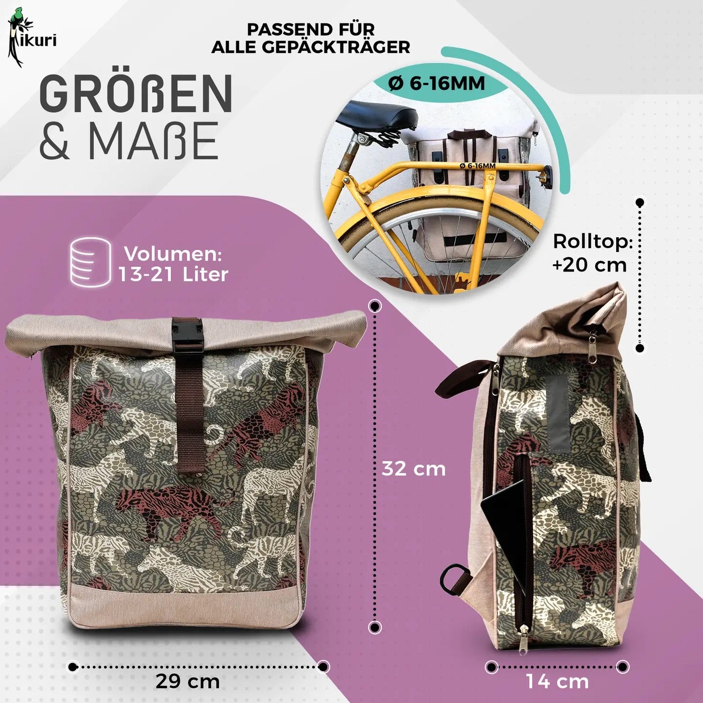 fahrradtasche ikuri KOMBI Fahrradtasche Rucksack Animals – wasserabweisend & handgefertigt
