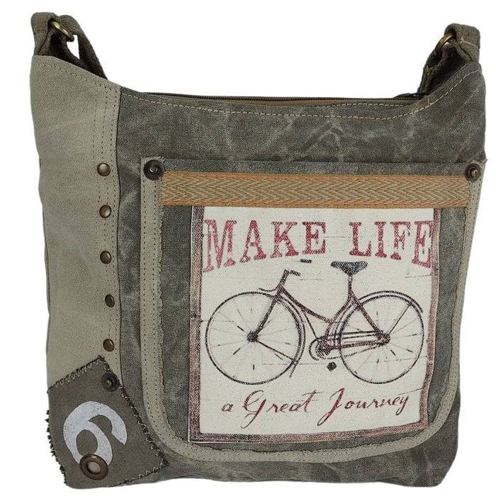 Sunsa Canvas Umhängetasche. Vintage Stil mit Fahrrad Motiv Crossbody Hobo. Vegane Tasche.