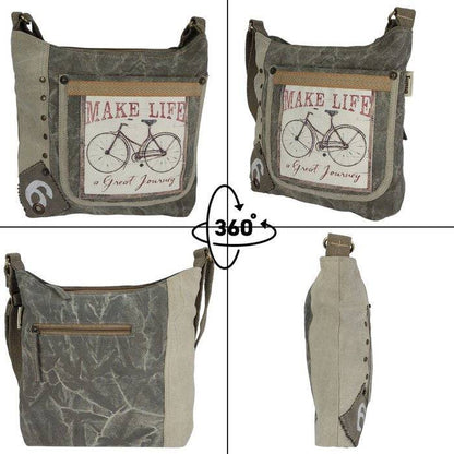 Sunsa Canvas Umhängetasche. Vintage Stil mit Fahrrad Motiv Crossbody Hobo. Vegane Tasche. - HOLE-X-WORLD