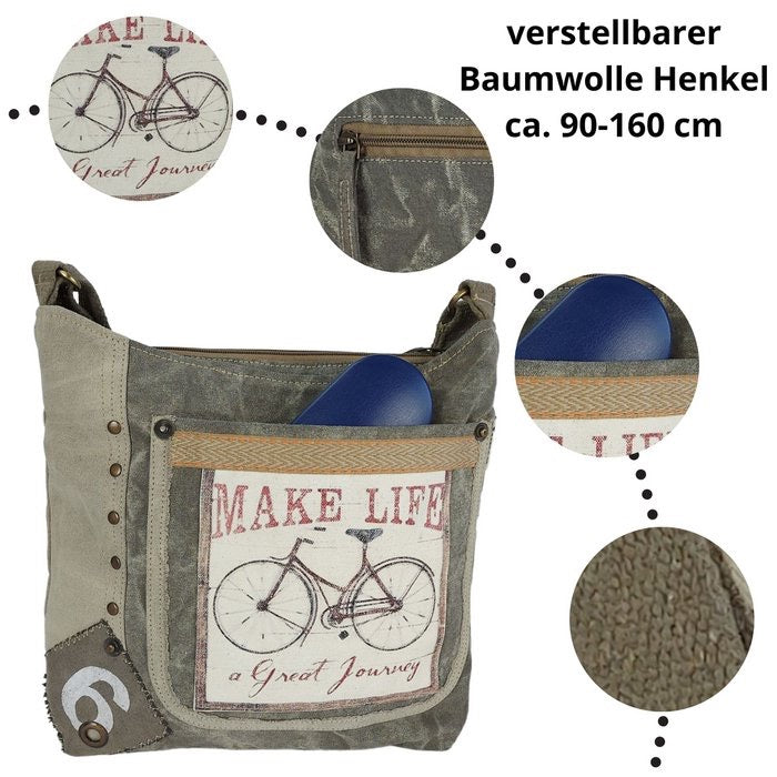 Sunsa Canvas Umhängetasche. Vintage Stil mit Fahrrad Motiv Crossbody Hobo. Vegane Tasche.