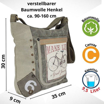 Sunsa Canvas Umhängetasche. Vintage Stil mit Fahrrad Motiv Crossbody Hobo. Vegane Tasche. - HOLE-X-WORLD