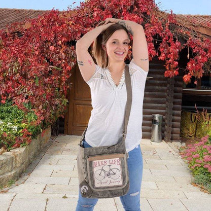 Sunsa Canvas Umhängetasche. Vintage Stil mit Fahrrad Motiv Crossbody Hobo. Vegane Tasche. - HOLE-X-WORLD
