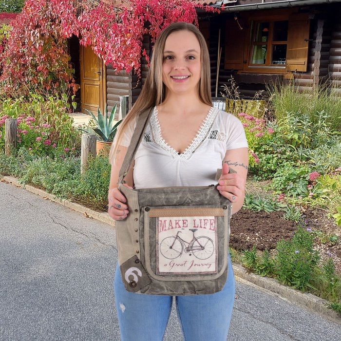 Sunsa Canvas Umhängetasche. Vintage Stil mit Fahrrad Motiv Crossbody Hobo. Vegane Tasche.