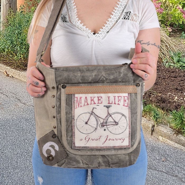 Sunsa Canvas Umhängetasche. Vintage Stil mit Fahrrad Motiv Crossbody Hobo. Vegane Tasche.