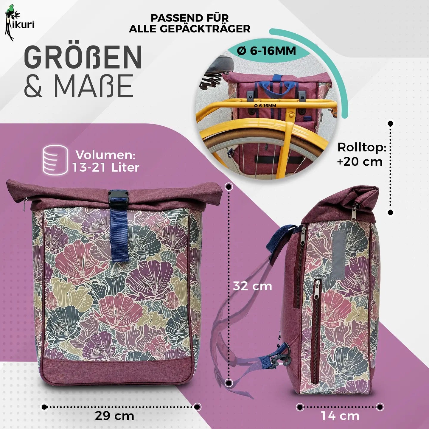 fahrradtasche ikuri KOMBI Fahrradtasche Rucksack Veranillo – wasserabweisend & handgefertigt