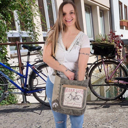 Sunsa Canvas Umhängetasche. Vintage Stil mit Fahrrad Motiv Crossbody Hobo. Vegane Tasche. - HOLE-X-WORLD
