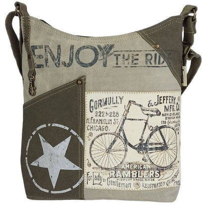 Sunsa Canvas Umhängetasche. Vintage Stil mit Fahrrad Motiv Crossbody Hobo. Vegane Tasche. - HOLE-X-WORLD